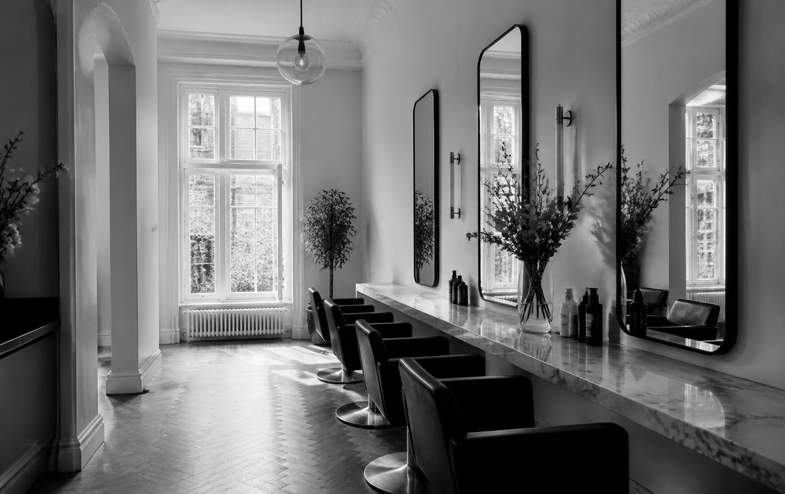 Rustige salon met marmeren balie